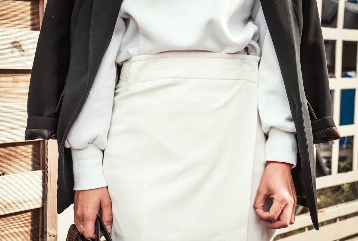 minimal women outfit cream dress denim jacket white shoes