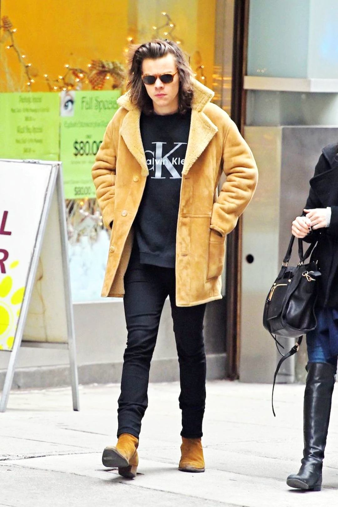 Harry Styles street style long brown coat