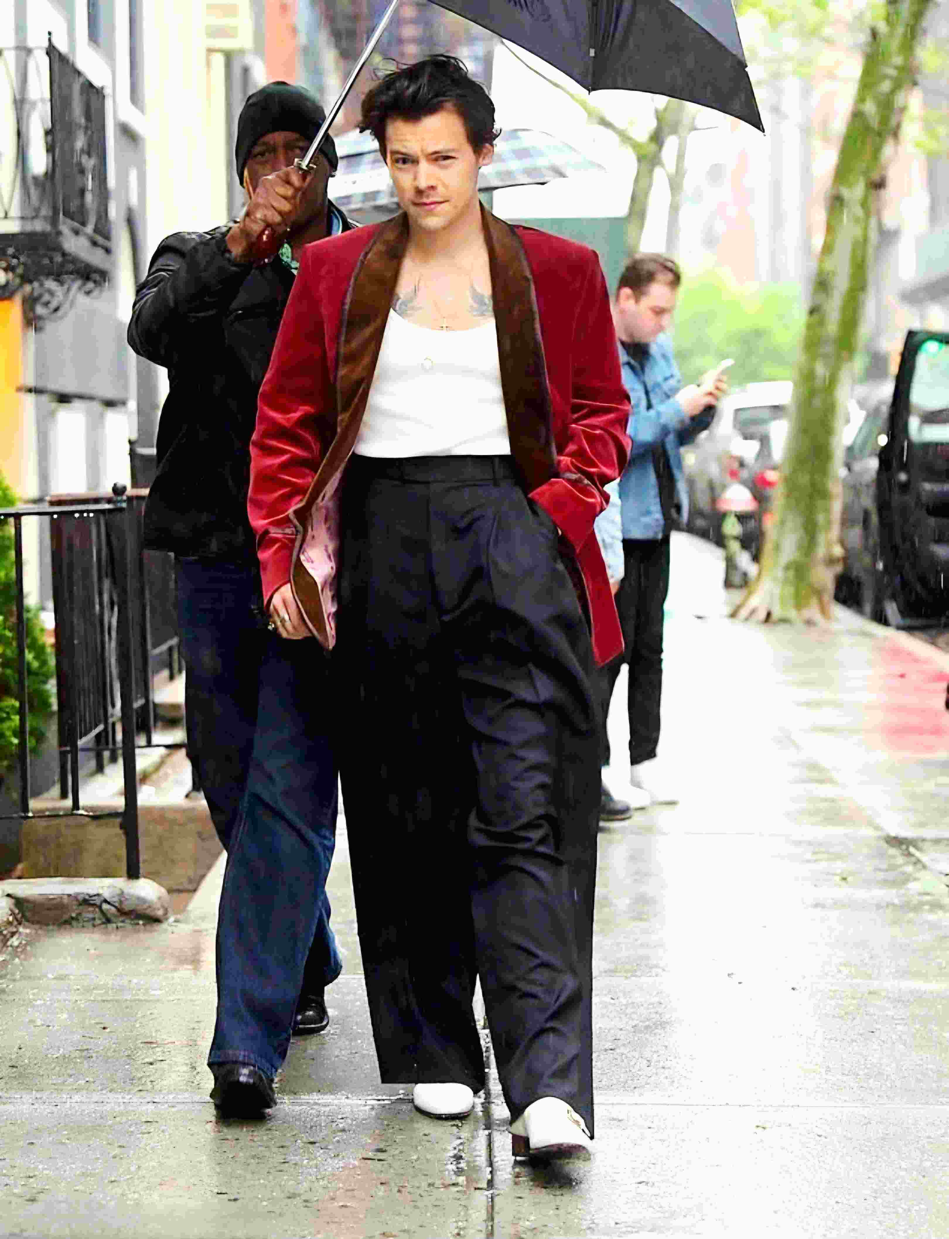 Harry Styles burgundy velvet suit