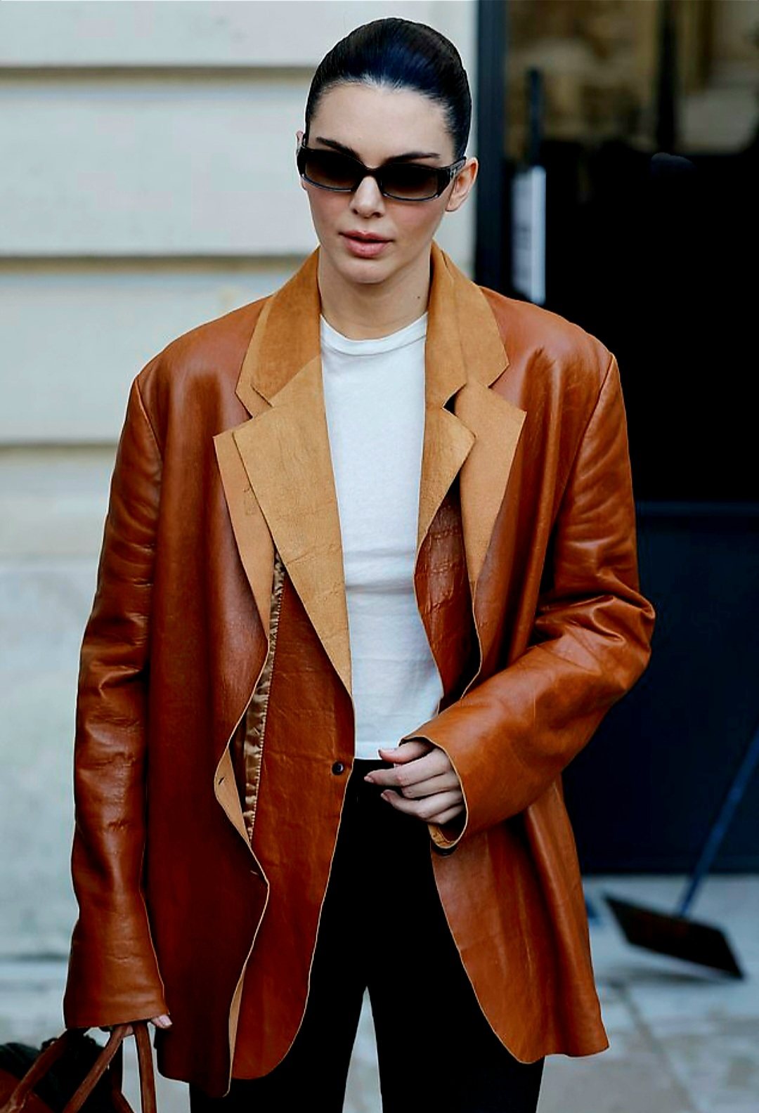 Kendall Jenner leather jacket white shirt