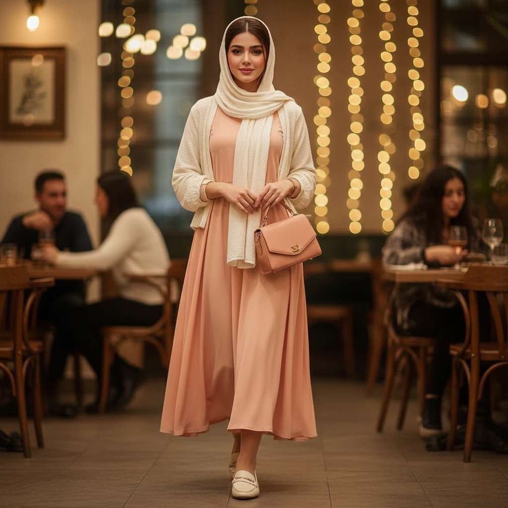 استایل عاشقانه زنانه با پیراهن گلبهی میدی، کاردیگان کرمی، شال ساده و کفش کالج رزگلد – ایده استایل لطیف و رمانتیک