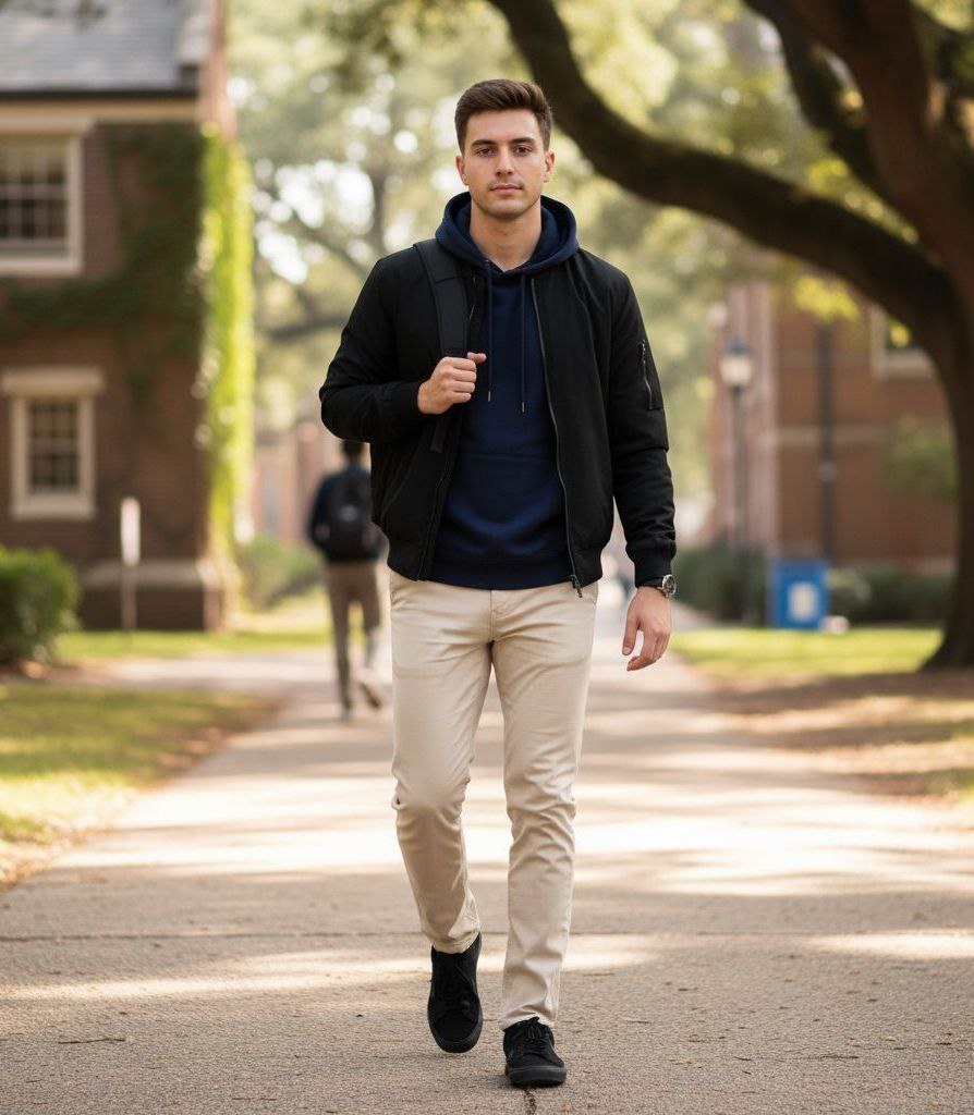 استایل هودی سرمه‌ای با کتان کرم