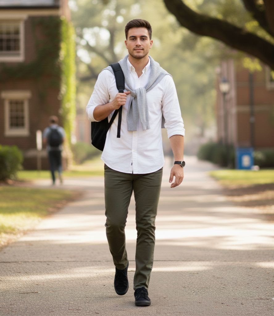استایل پیراهن سفید با شلوار زیتونی مردانه